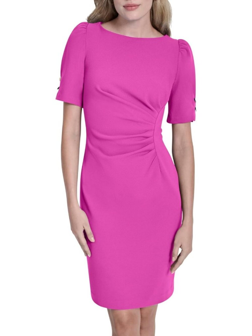 Chic Short Sleeve Ruched Knee Length Sheath Dress with Button Detail for Women